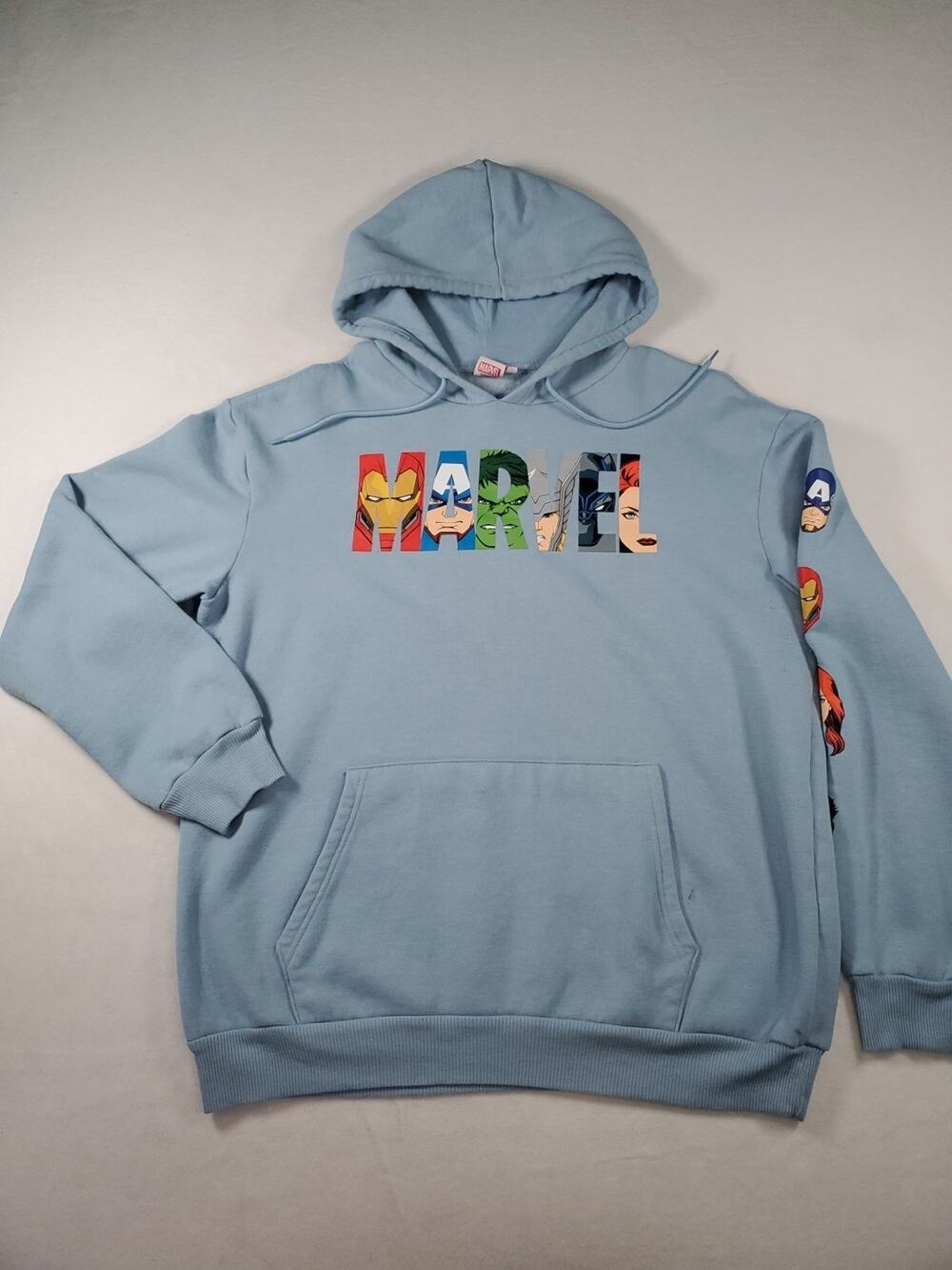 Marvel Sweatshirt Adult Blue Hoodie Pullover Pockets Cartoon Mens XL